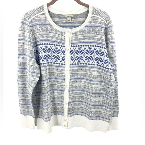 LL Bean Womens Fair Isle Cardigan Sweater Size L Petite Cotton Cashmere Nordic - Picture 8 of 8